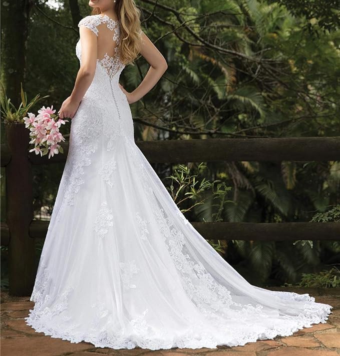 Women's Lace Beach Bridal Ball Gown Plus Size Mermaid Wedding Dresses for Bride with Train Long